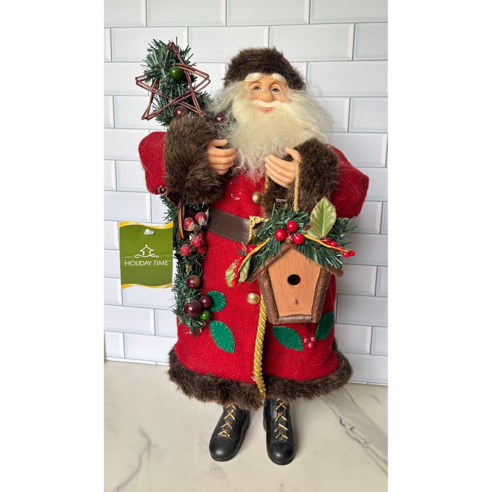 Holiday Time 18 Inch Animal Print Santa Figurine Red Coat Birdhouse Christmas